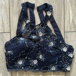 Vintage sparkly navy blue & silver sparkly halter crop top